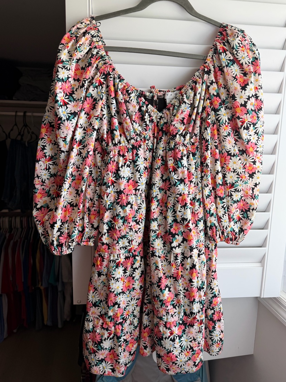 Floral Off-Shoulder Peasant Dress - Black Background with White & Coral Daisies